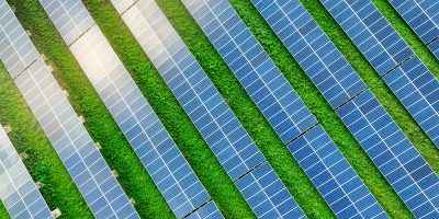 Aerial view of solar farm. Renewable energy for a sustainable future. Sustainable energy innovation. Solar energy. Clean power. Green technology.  Electricity generation. Photovoltaic power station.