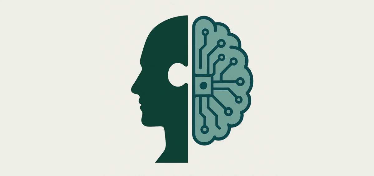 Ilustración vectorial que representa la dualidad humano + IA, con media silueta humana y medio cerebro artificial con circuitos, unidos como piezas de rompecabezas. Diseño en verde oscuro y azul sobre fondo claro, ideal para conceptos de tecnología y sostenibilidad