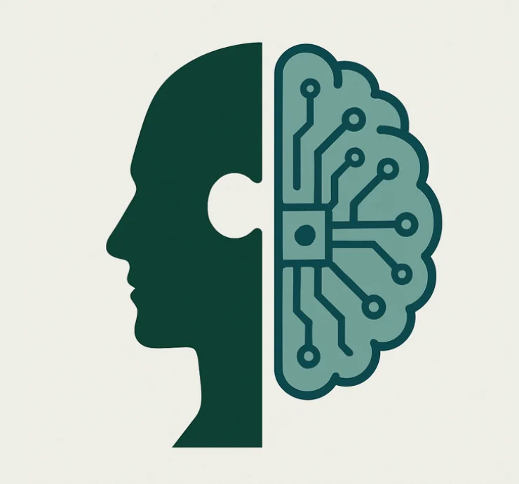 Ilustración vectorial que representa la dualidad humano + IA, con media silueta humana y medio cerebro artificial con circuitos, unidos como piezas de rompecabezas. Diseño en verde oscuro y azul sobre fondo claro, ideal para conceptos de tecnología y sostenibilidad